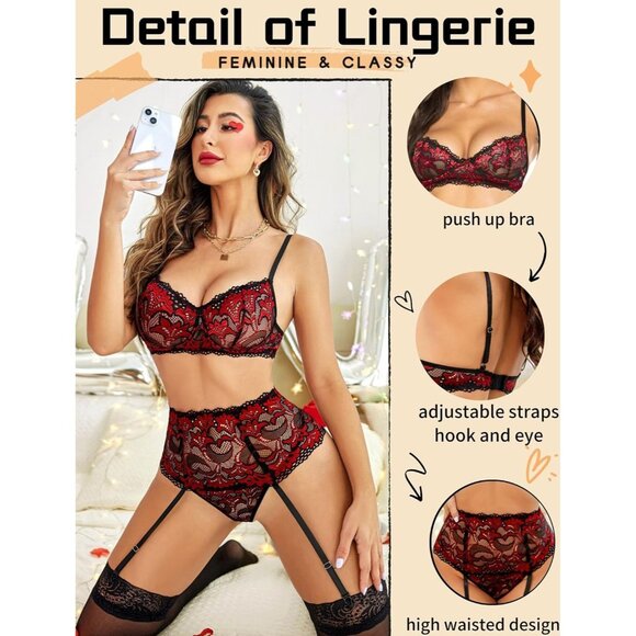 Women Red Lingerie Set High Waisted Underwire Lingerie With Garter Belt Lace - Picture 4 of 6
